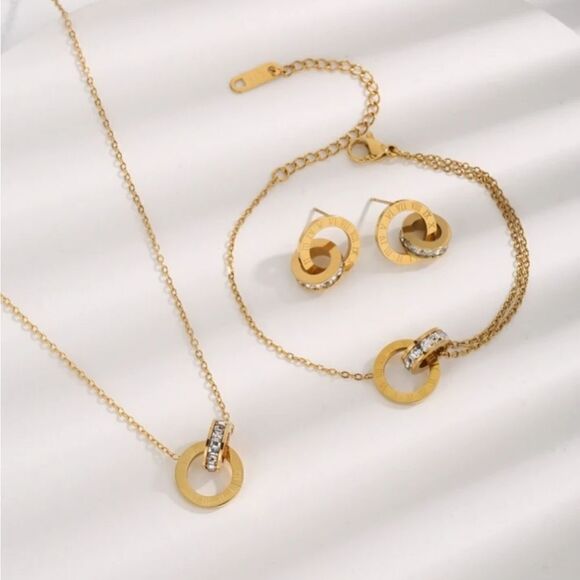 Gold Plated Cubic Zirconia Roman Numeral Round Pendant Necklace Earr… - Picture 4 of 7